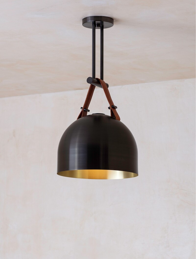 Rein Pendant 12" shown in Blackened Brass, Tan Leather, Opal Globe
